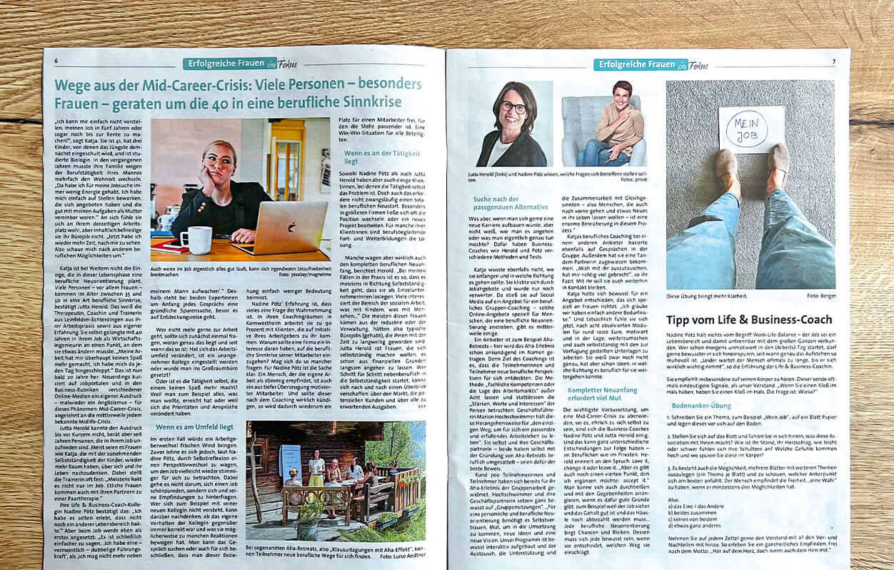 Magazinbeitrag über Wege aus der Mid-Career-Crisis mit Einschätzungen von Nadine Pötz und Jutta Herold.